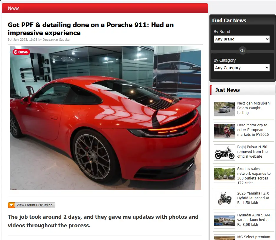 Read more about the article Car Detailing in Indiranagar TeamBHP Featured for 911 Detailing